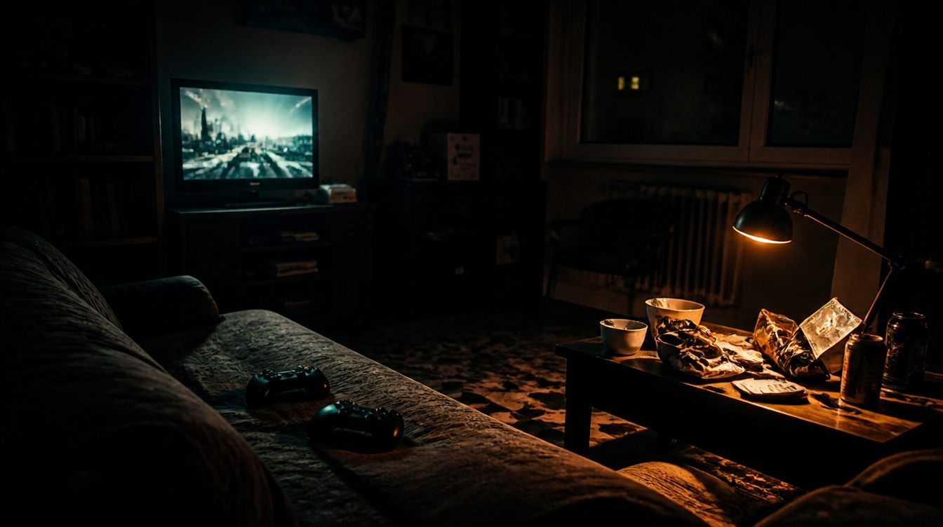 Un salotto al buio nel 2018: due controller sul divano, la luce del televisore sulla parete